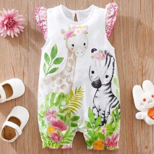 Jungle Animals Zebra Giraffe Baby Girls Ruffle Romper Jumpsuit